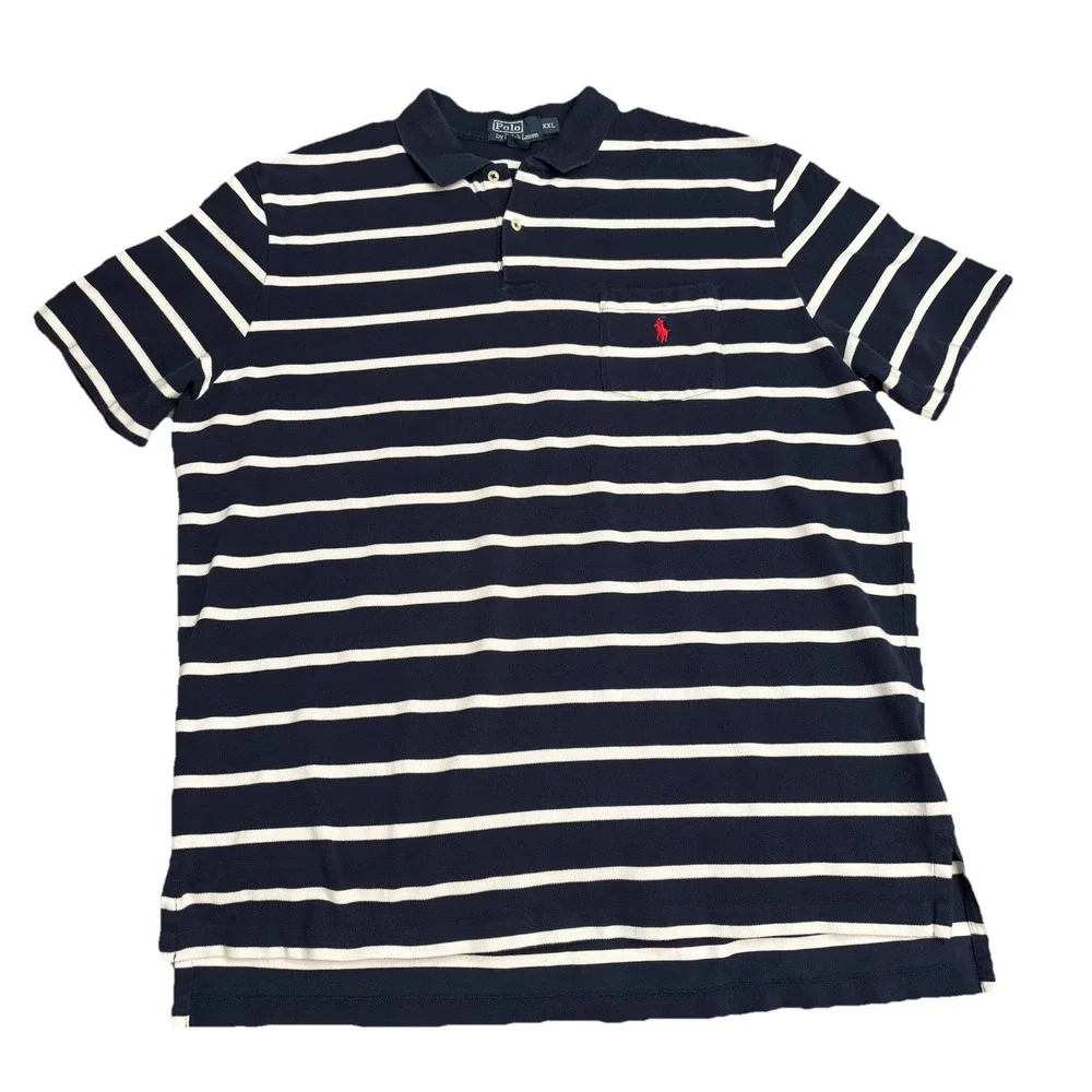 Polo Ralph Lauren Men's‎ XXL Navy/White Striped Polo Shirt 100% Cotton Red Pony